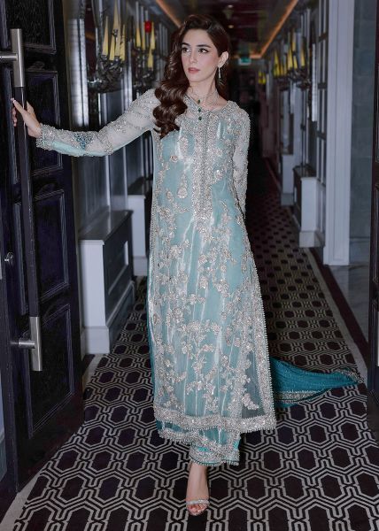 Sara Rohale Asghar Ferozeah Style — Mairaz Aqua Three-Piece Suit