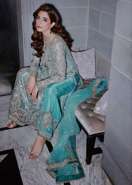 Sara Rohale Asghar Ferozeah Style — Mairaz Aqua Three-Piece Suit