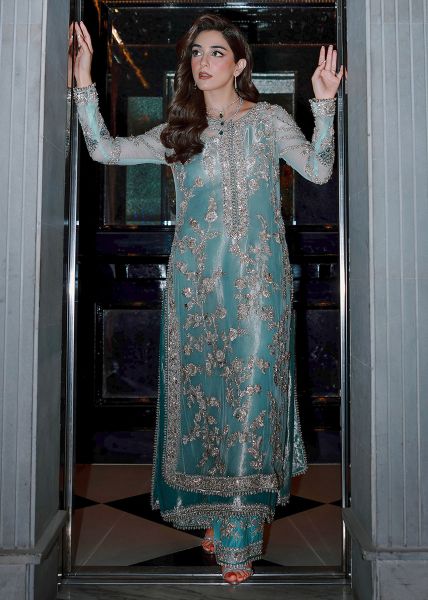 Sara Rohale Asghar Ferozeah Style — Mairaz Aqua Three-Piece Suit