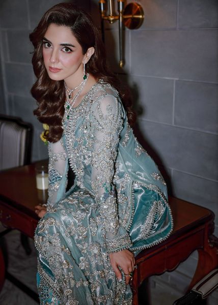 Sara Rohale Asghar Ferozeah Style — Mairaz Aqua Three-Piece Suit