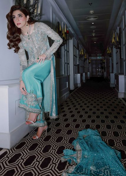 Sara Rohale Asghar Ferozeah Style — Mairaz Aqua Three-Piece Suit