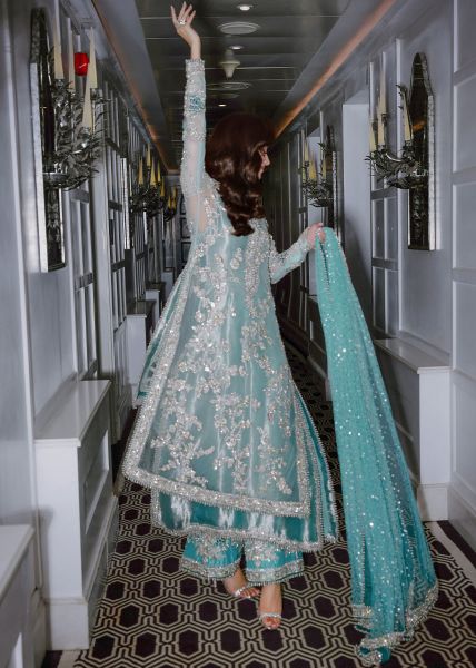 Sara Rohale Asghar Ferozeah Style — Mairaz Aqua Three-Piece Suit