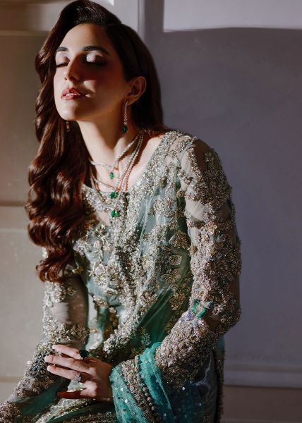 Sara Rohale Asghar Ferozeah Style — Mairaz Aqua Three-Piece Suit
