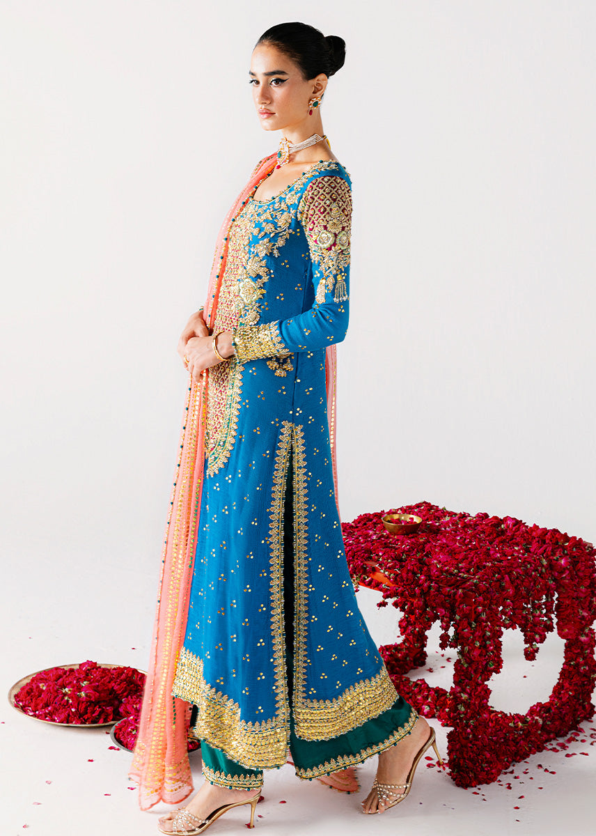 Sara Rohale Asghar Shab Ayin Style — Mairaz Shirt: Teal, Trousers: Turquoise-Green, Dupatta: Coral Three-Piece Suit