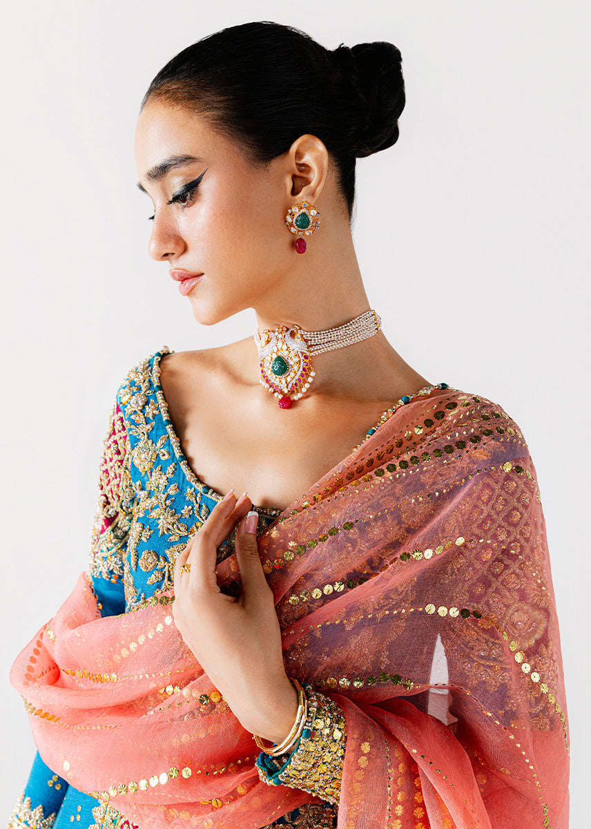 Sara Rohale Asghar Shab Ayin Style — Mairaz Shirt: Teal, Trousers: Turquoise-Green, Dupatta: Coral Three-Piece Suit