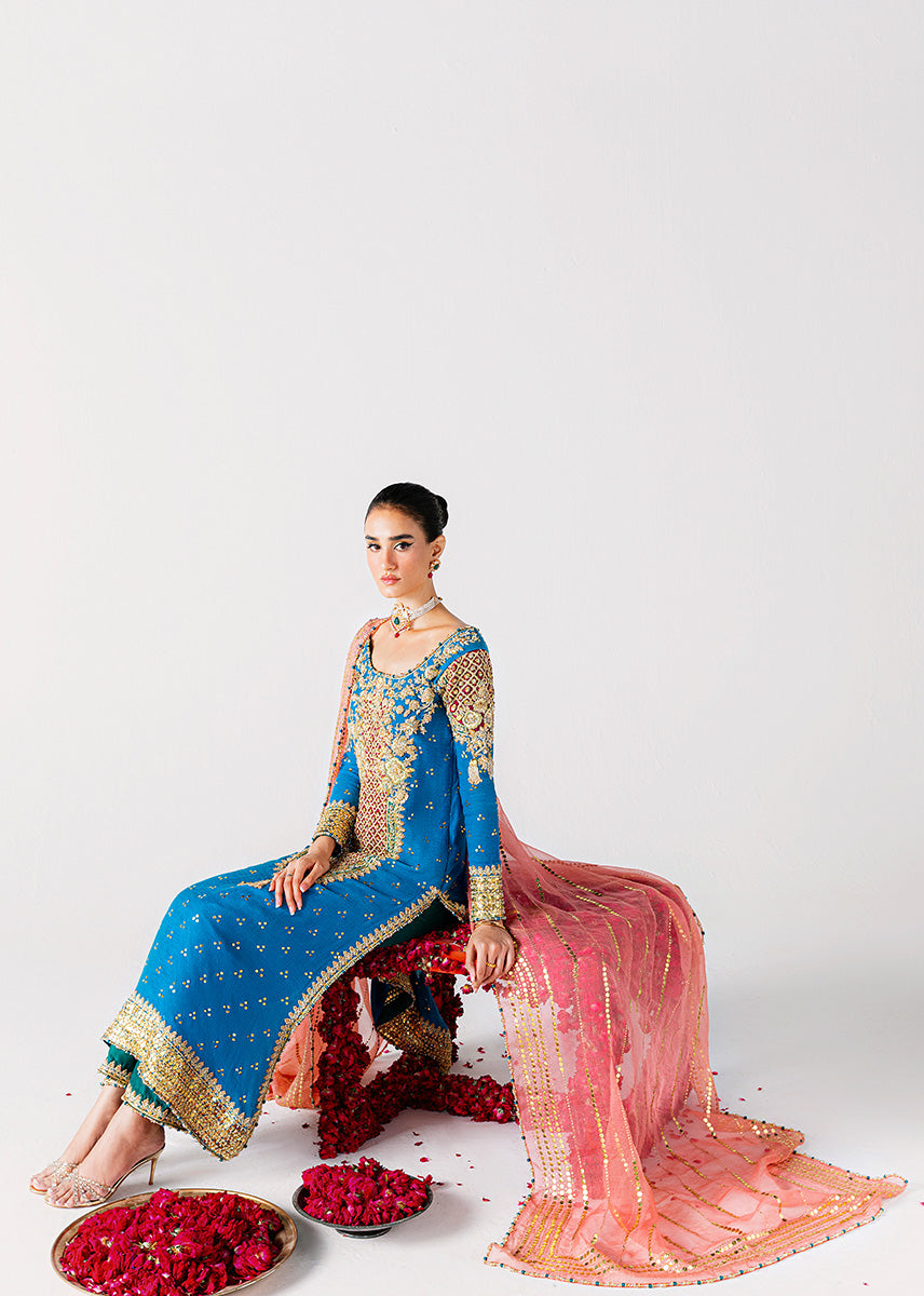 Sara Rohale Asghar Shab Ayin Style — Mairaz Teal & Coral Three-Piece Suit