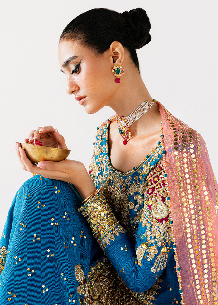 Sara Rohale Asghar Shab Ayin Style — Mairaz Shirt: Teal, Trousers: Turquoise-Green, Dupatta: Coral Three-Piece Suit