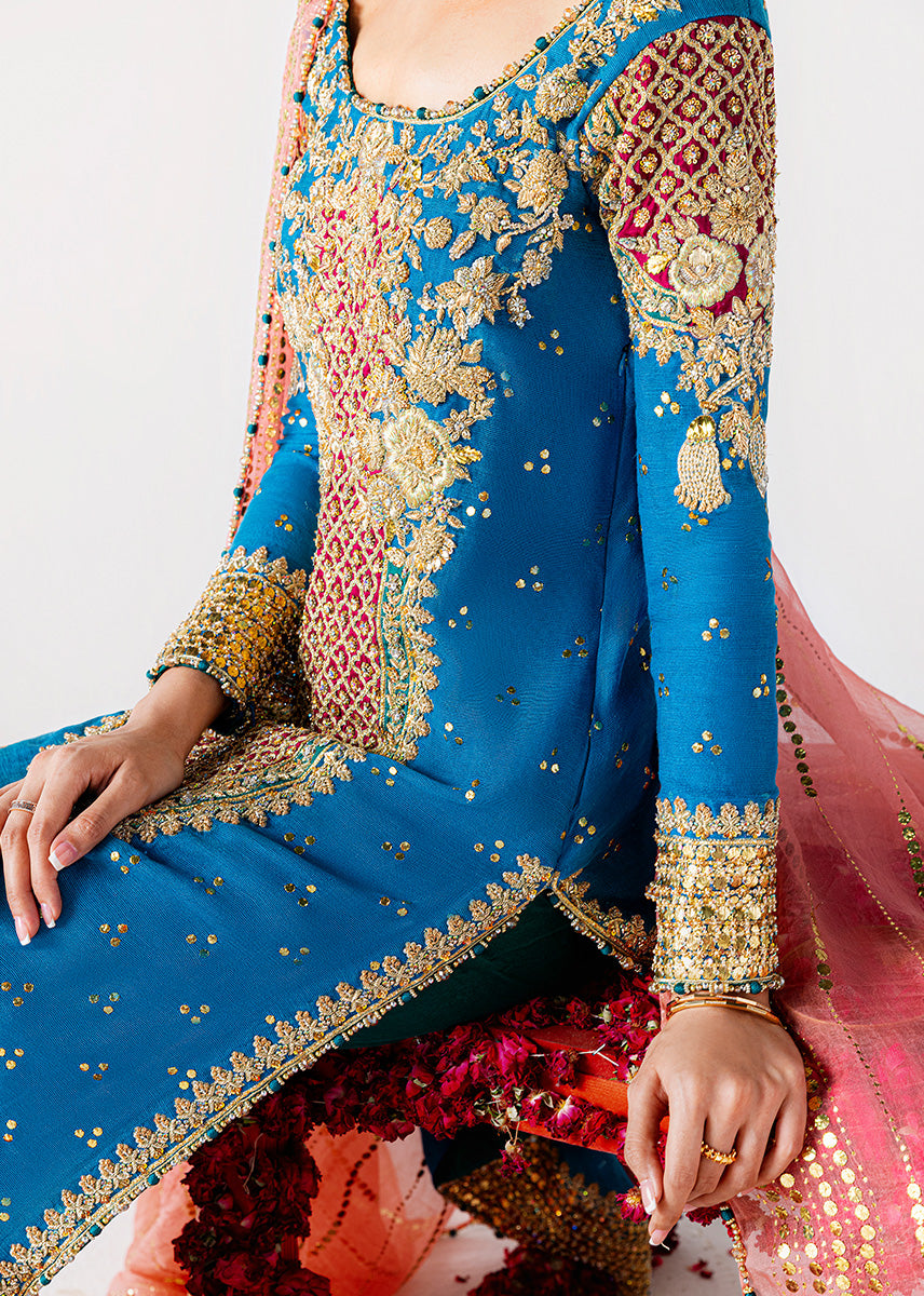 Sara Rohale Asghar Shab Ayin Style — Mairaz Shirt: Teal, Trousers: Turquoise-Green, Dupatta: Coral Three-Piece Suit