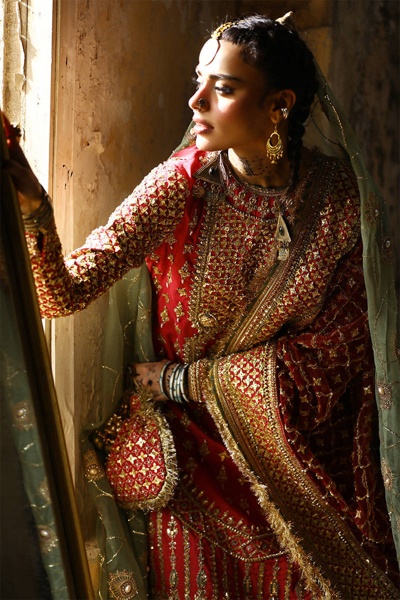 Mohsin Naveed Ranjha Ruhi Begum Style — Mairaz Carrot Red Gharara