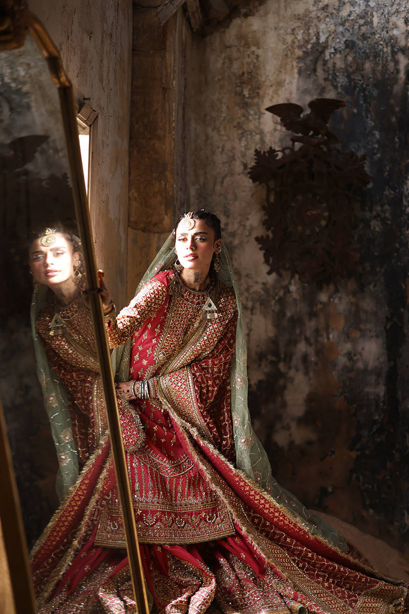 Mohsin Naveed Ranjha Ruhi Begum Style — Mairaz Carrot Red Gharara