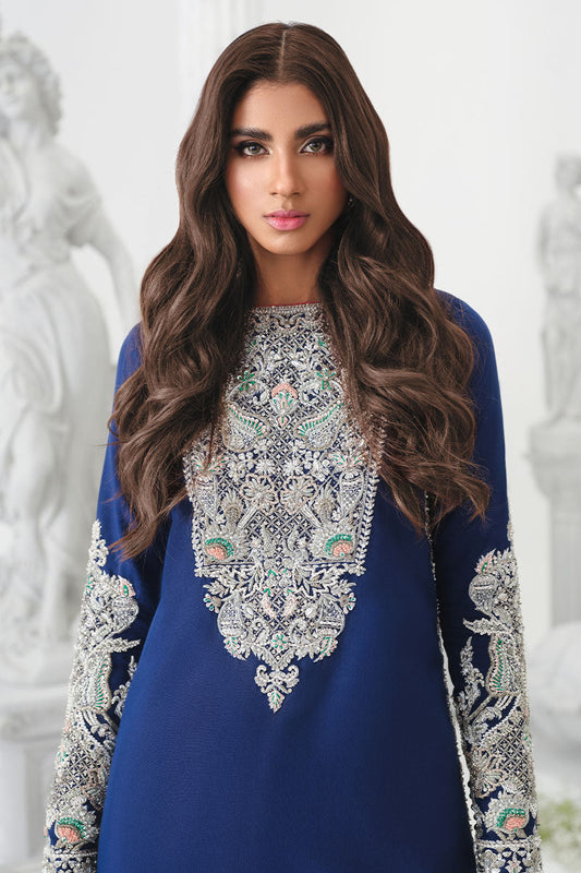 Khakaa Astral royal blue outfit front view showing silver embroidered panel