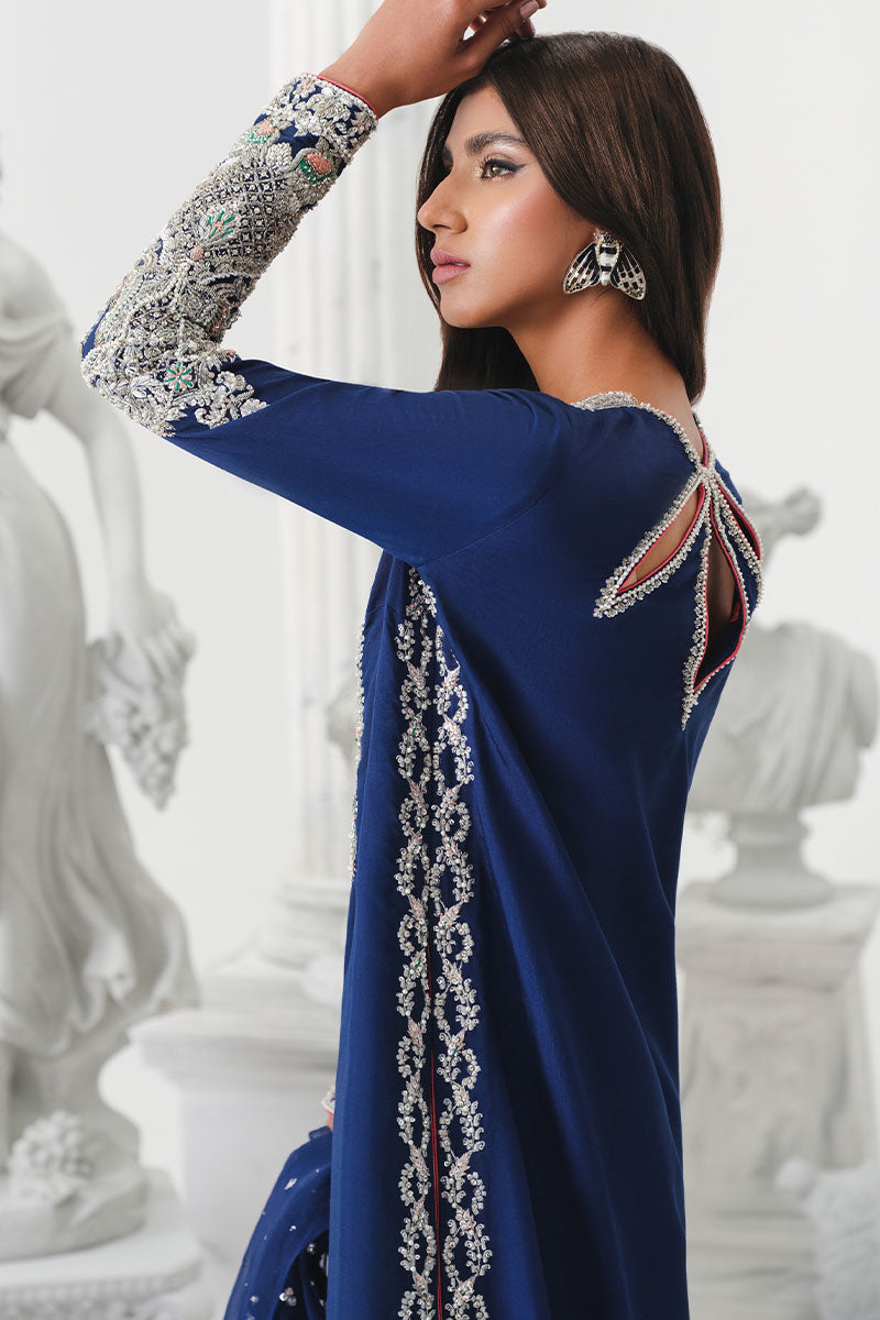 Khakaa Astral royal blue outfit back view with keyhole opening