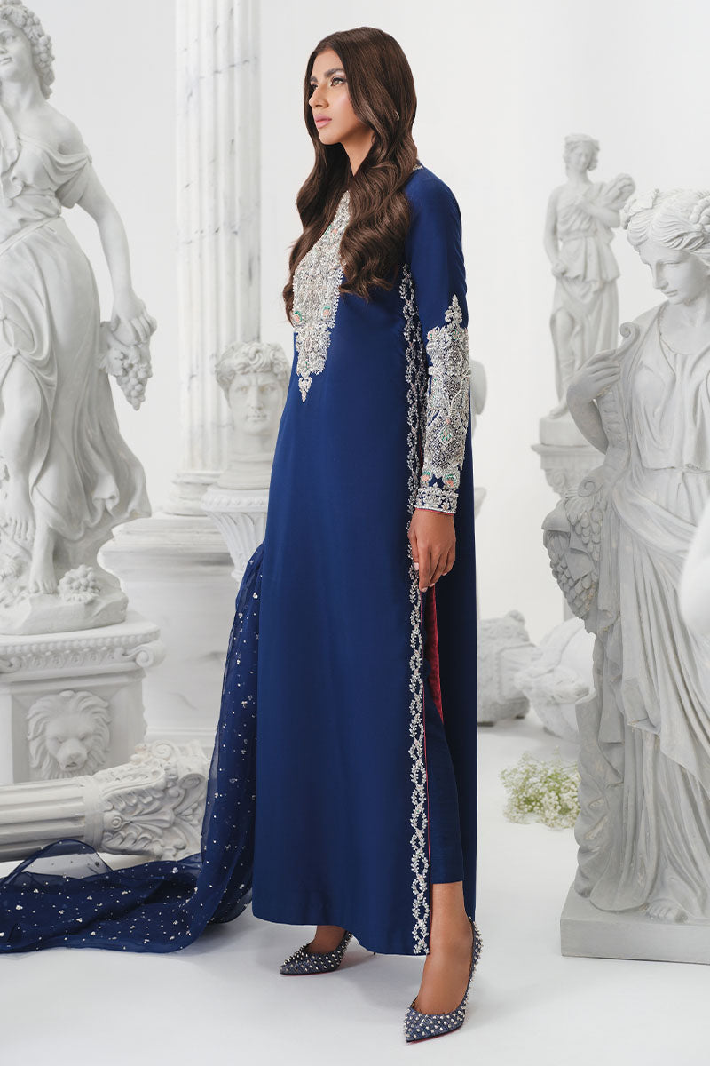Khakaa Astral royal blue formal outfit side view with trailing dupatta