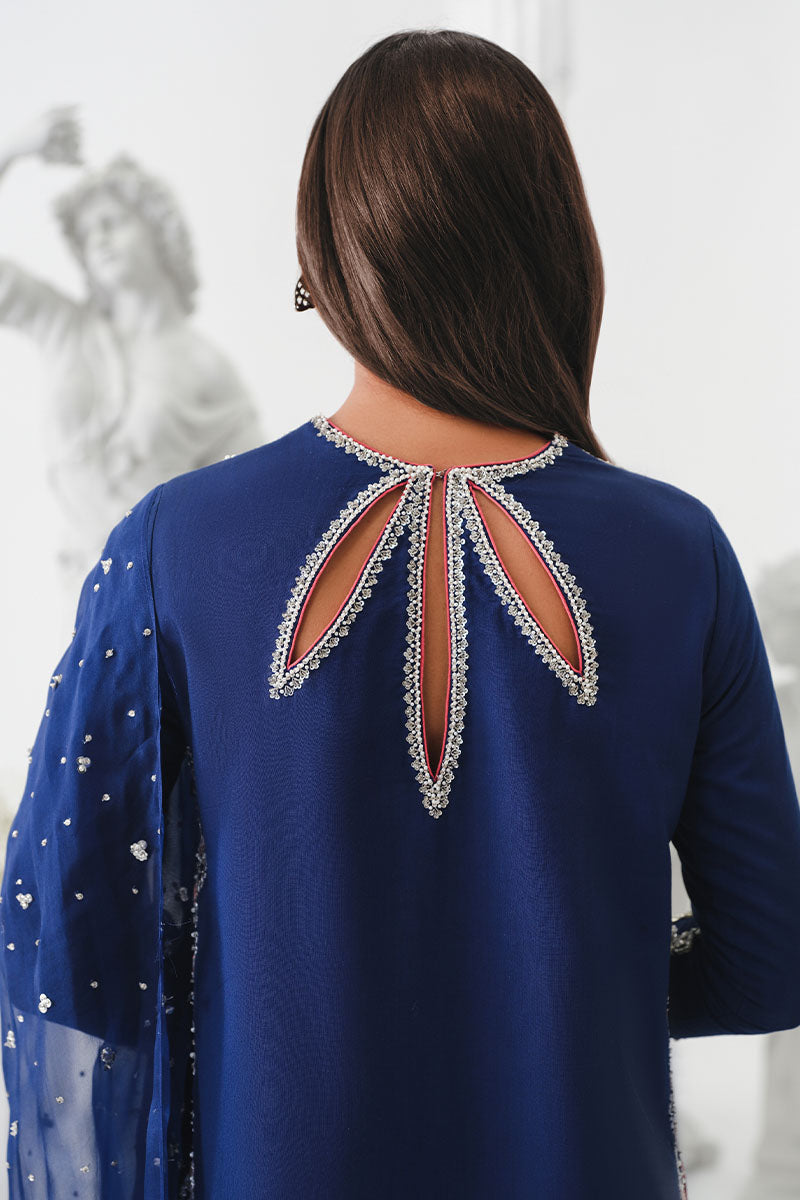 Khakaa Astral royal blue outfit back neckline keyhole embroidery detail