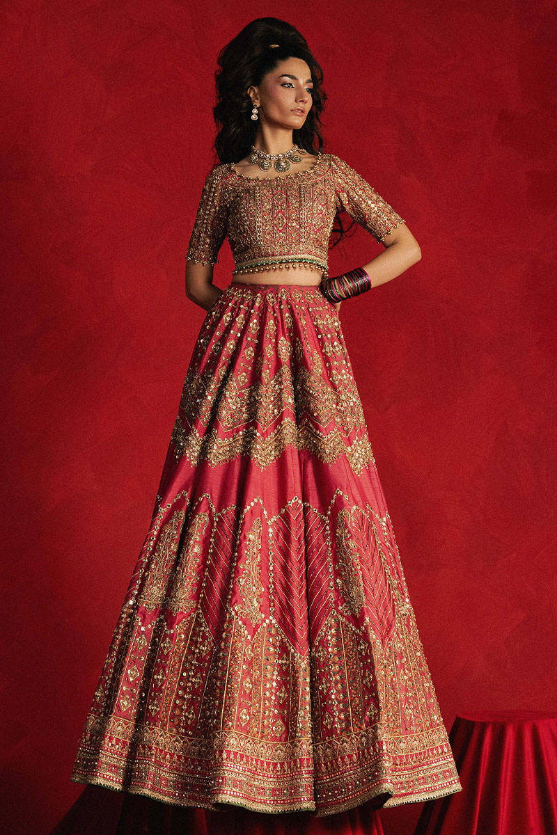 Mohsin Naveed Ranjha Gul Badan style — Mairaz rose pink lehenga choli reference, view 1 of 6
