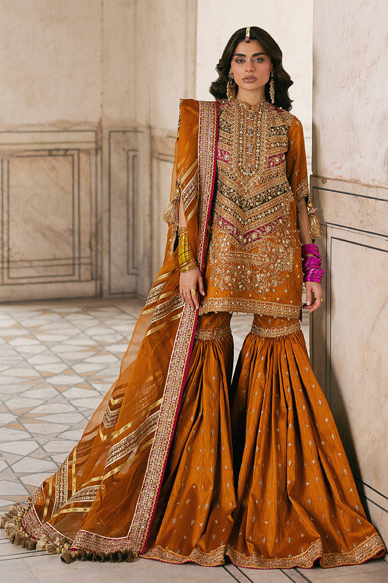 Mohsin Naveed Ranjha Ranjish style — Mairaz marigold gharara set reference, view 1 of 8