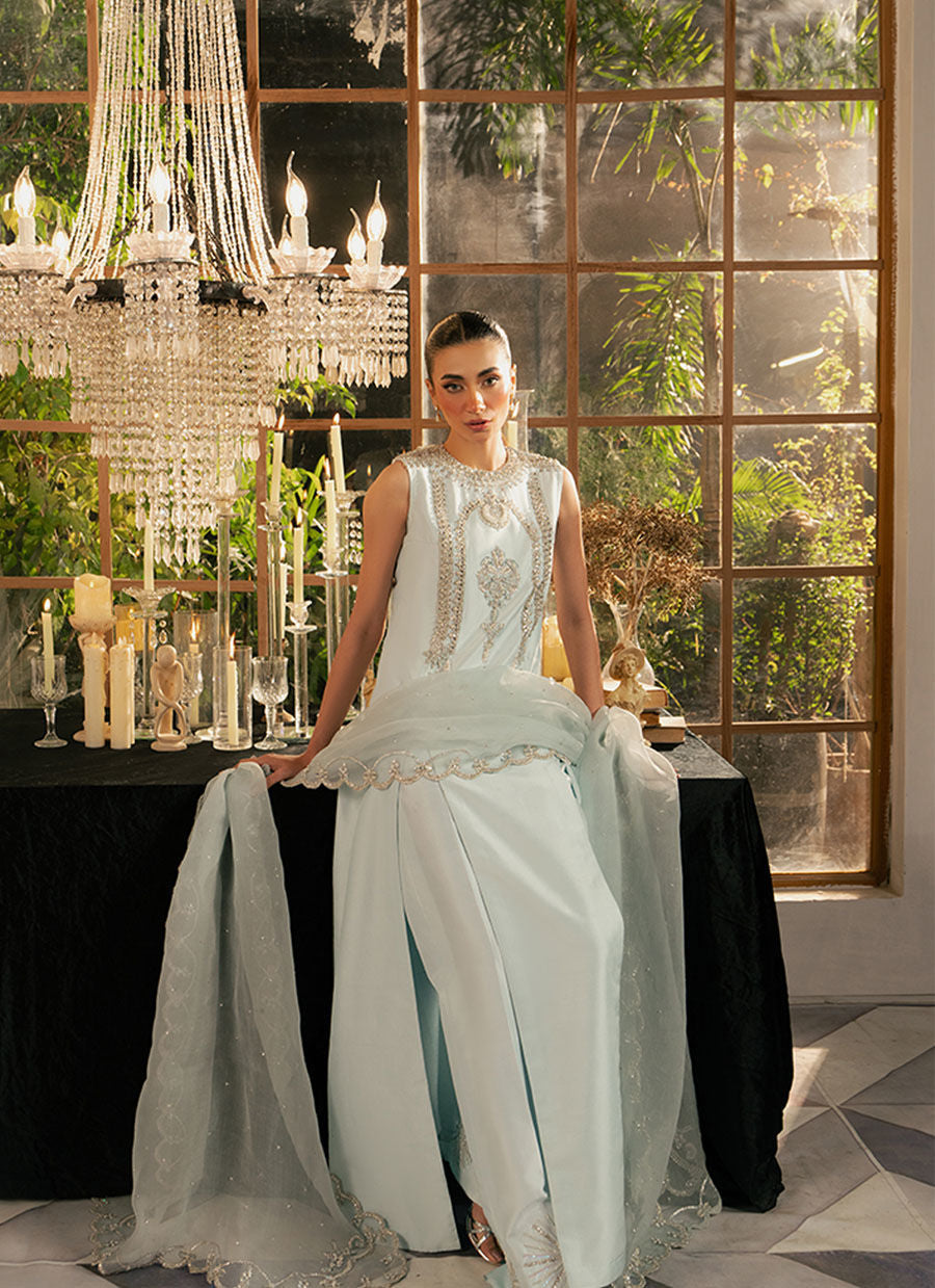 Khakaa Icelis KHAKHA ice blue formal seated view with organza dupatta