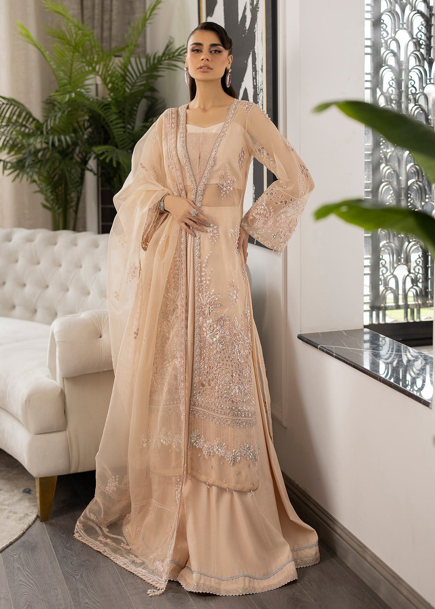 Farida Hasan Peach Blossom Style — Mairaz Peach Organza Formal Suit