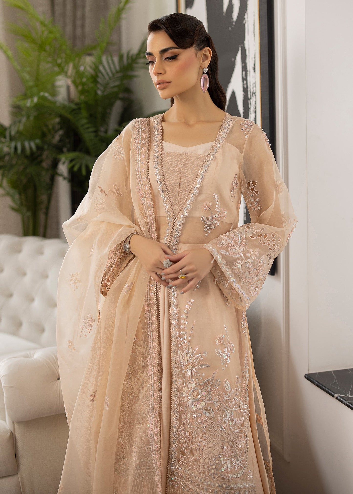 Farida Hasan Peach Blossom Style — Mairaz Peach Organza Formal Suit