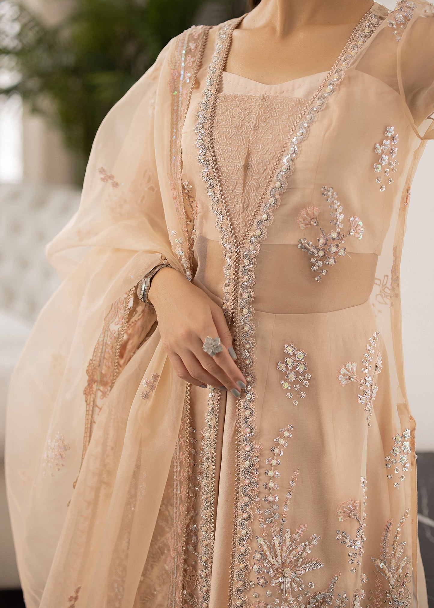 Farida Hasan Peach Blossom Style — Mairaz Peach Organza Formal Suit