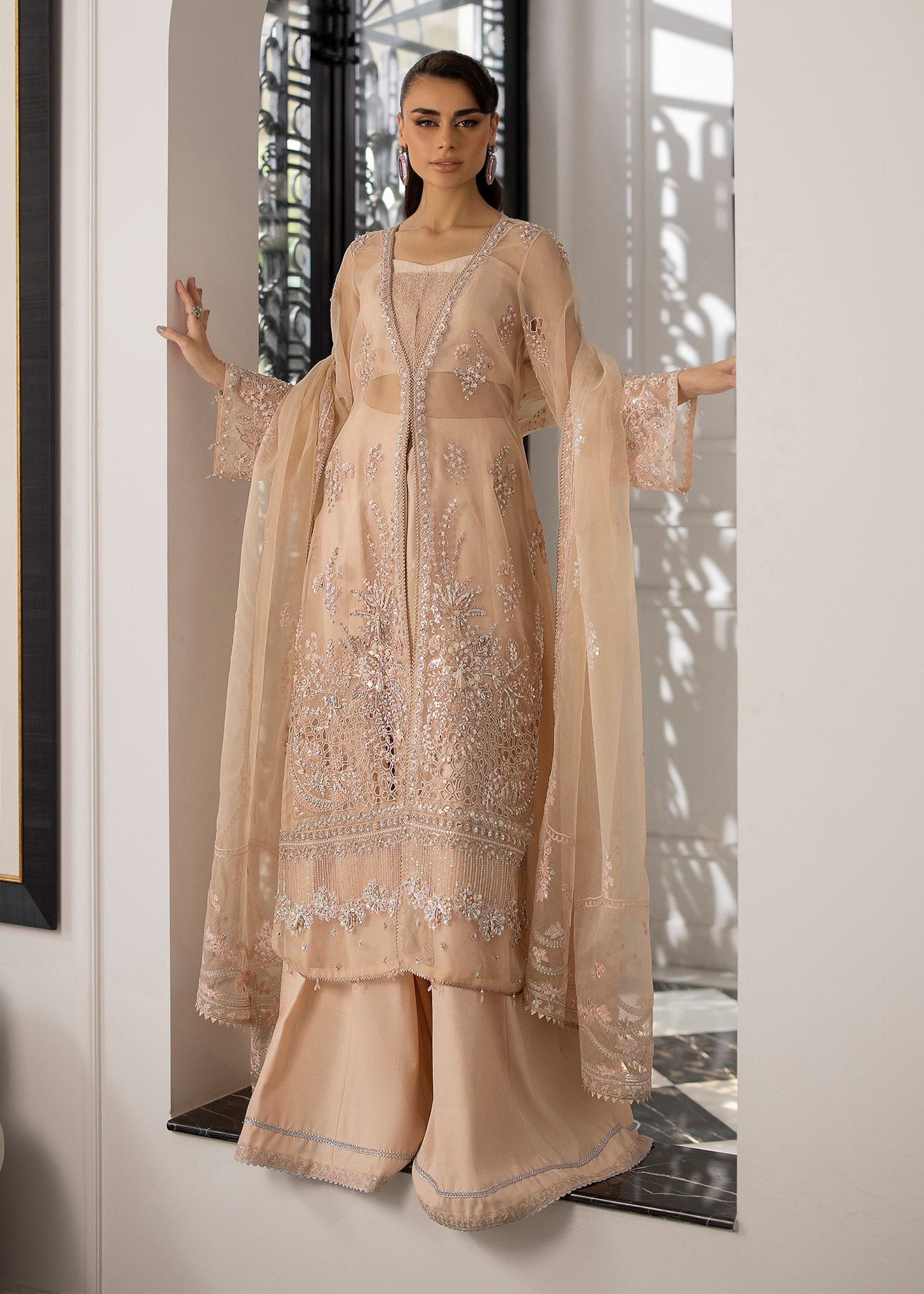 Farida Hasan Peach Blossom Style — Mairaz Peach Organza Formal Suit