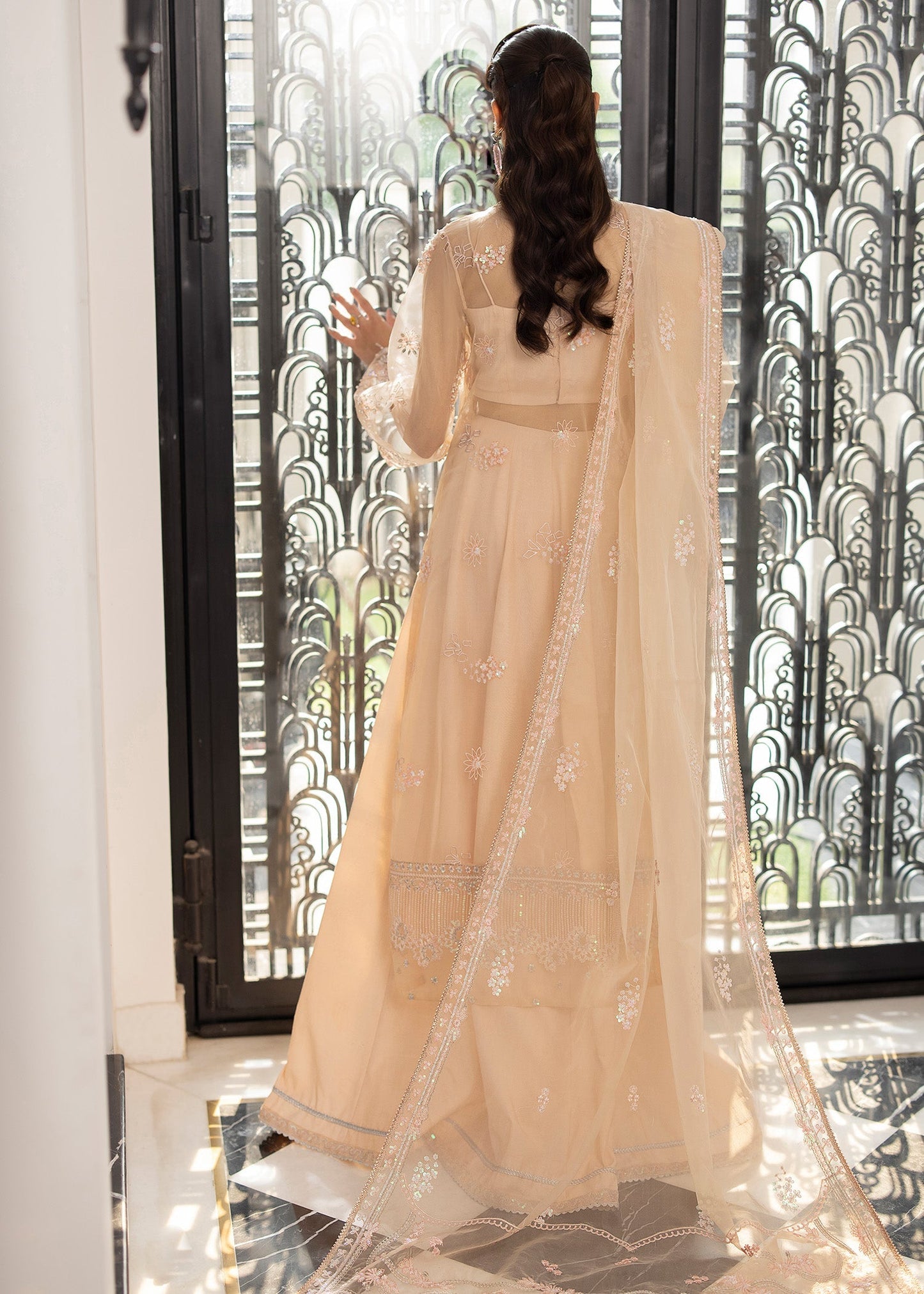 Farida Hasan Peach Blossom Style — Mairaz Peach Organza Formal Suit