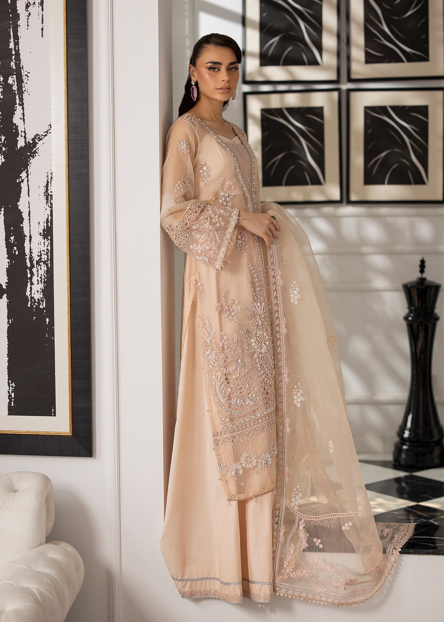 Farida Hasan Peach Blossom Style — Mairaz Peach Organza Formal Suit