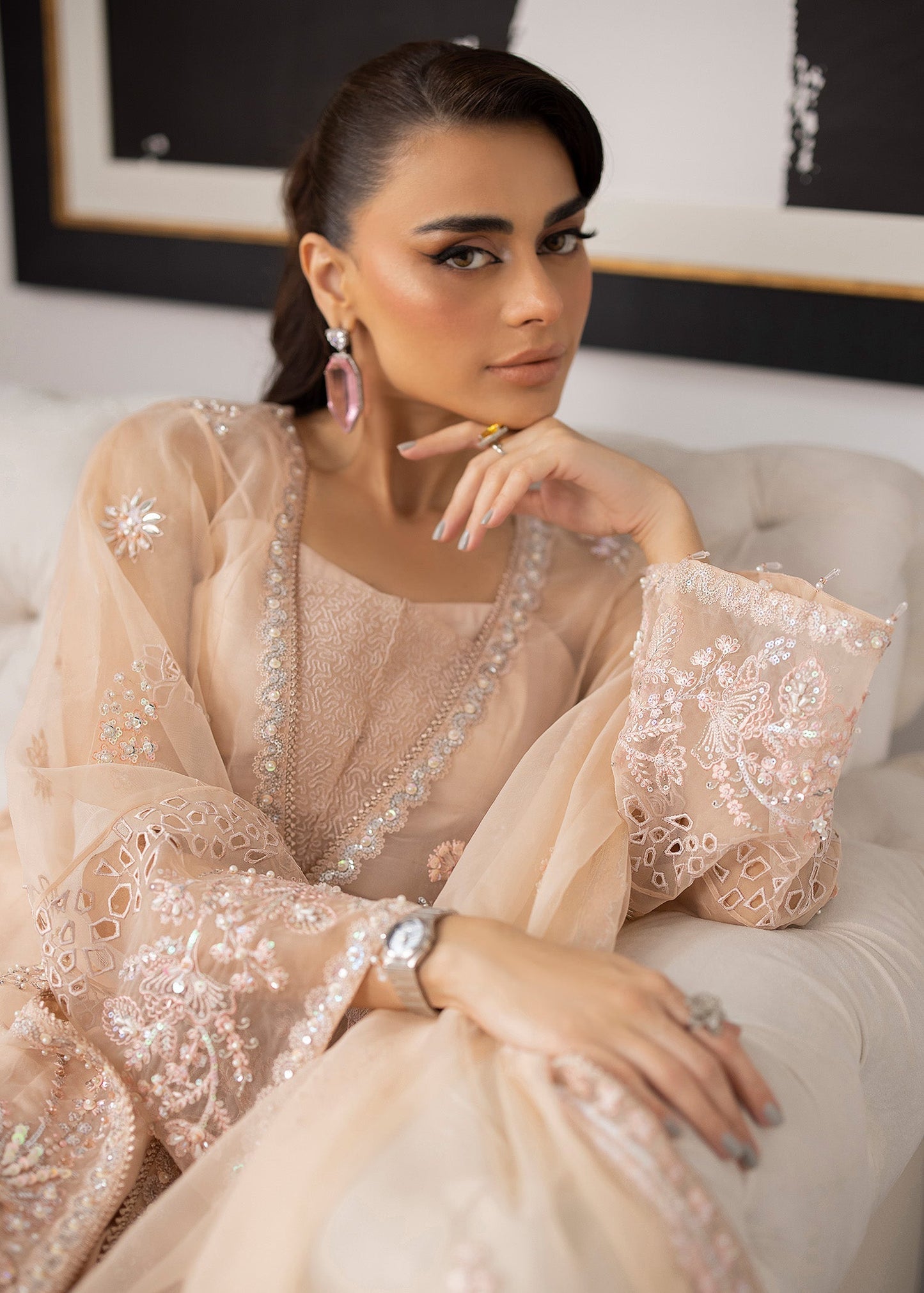 Farida Hasan Peach Blossom Style — Mairaz Peach Organza Formal Suit