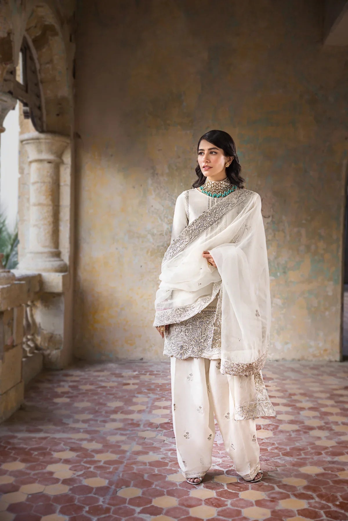 Erum Khan Hoorain Style — Mairaz White Three-Piece Suit