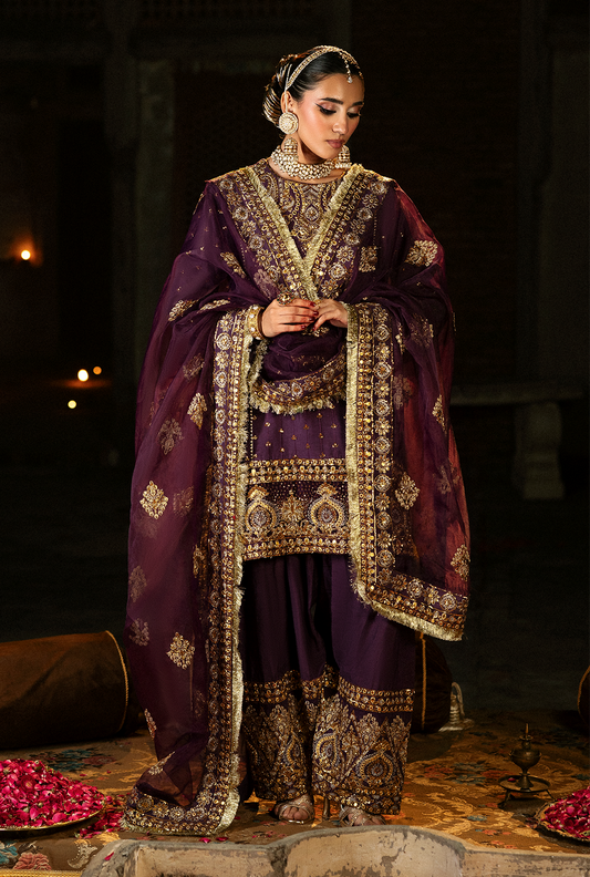 Saad Shaikh Arjumaand Style — Mairaz Dark Purple Three-Piece Suit