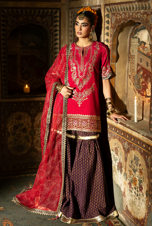 Saad Shaikh Gulrukh Style — Mairaz Magenta Three-Piece Suit