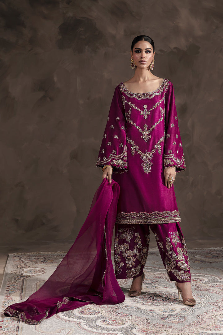 Eliana magenta silk three-piece formal outfit full look front view