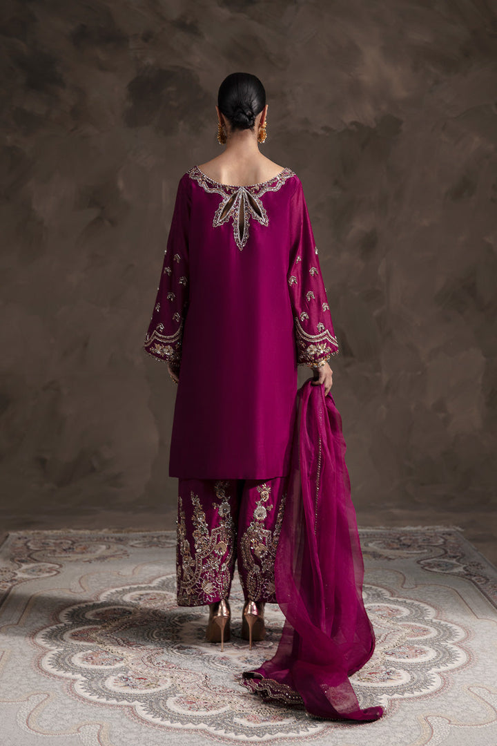 Eliana magenta silk formal outfit back view with dupatta