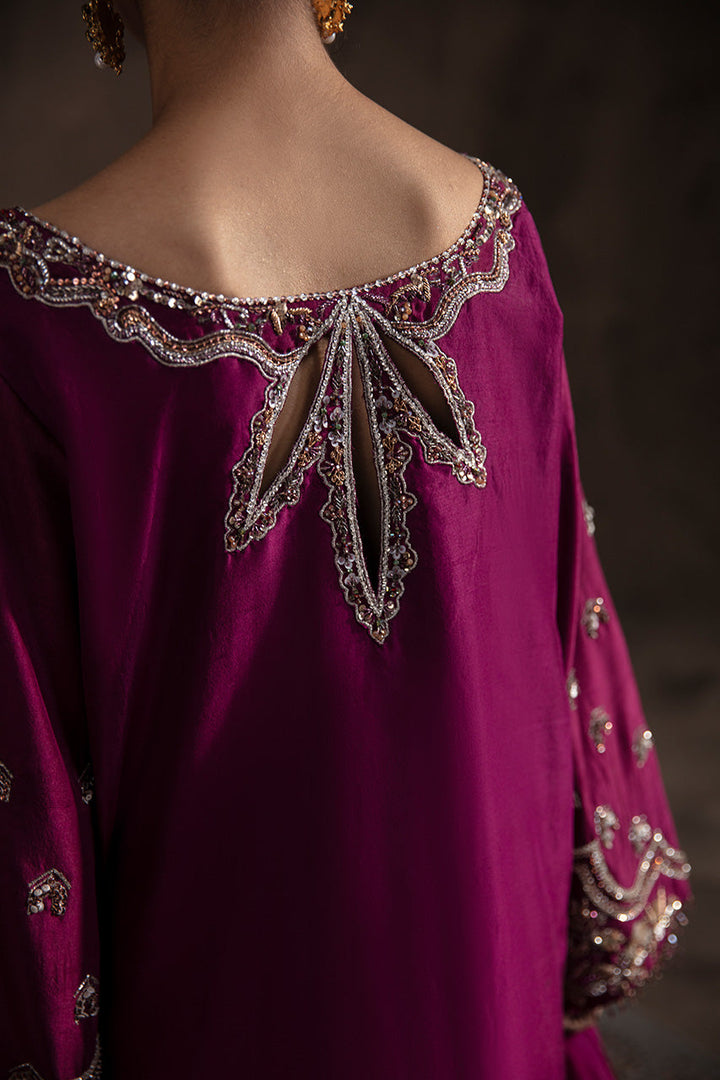 Eliana magenta silk outfit back neckline embroidery detail