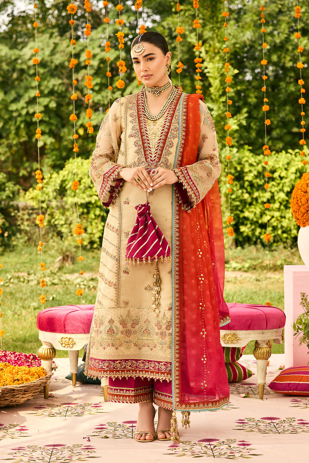 Alizeh Dilruba Style — Mairaz Beige & Red Three-Piece Suit