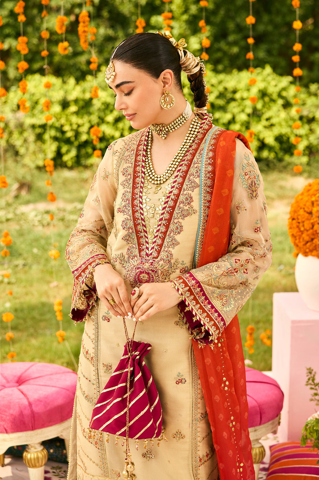 Alizeh Dilruba Style — Mairaz Beige & Red Three-Piece Suit