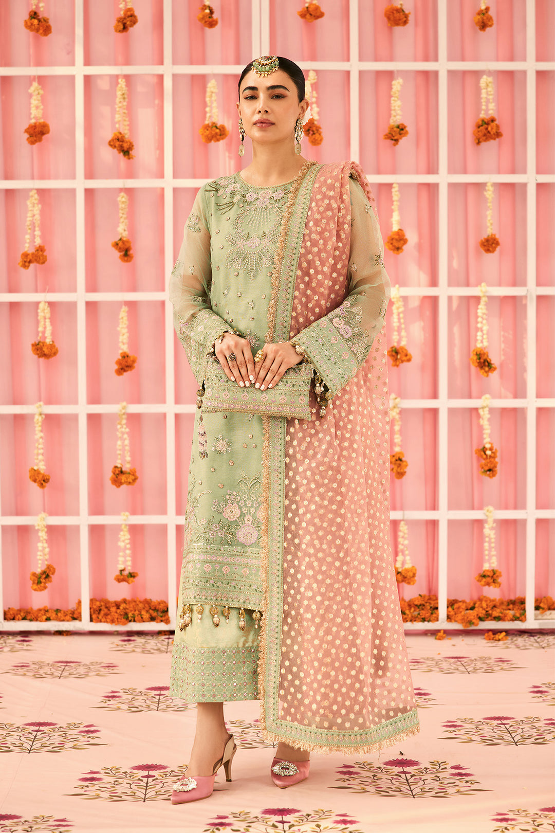Alizeh AF-ZN-2217-Libaan Style — Mairaz Green & Pink Three-Piece Suit