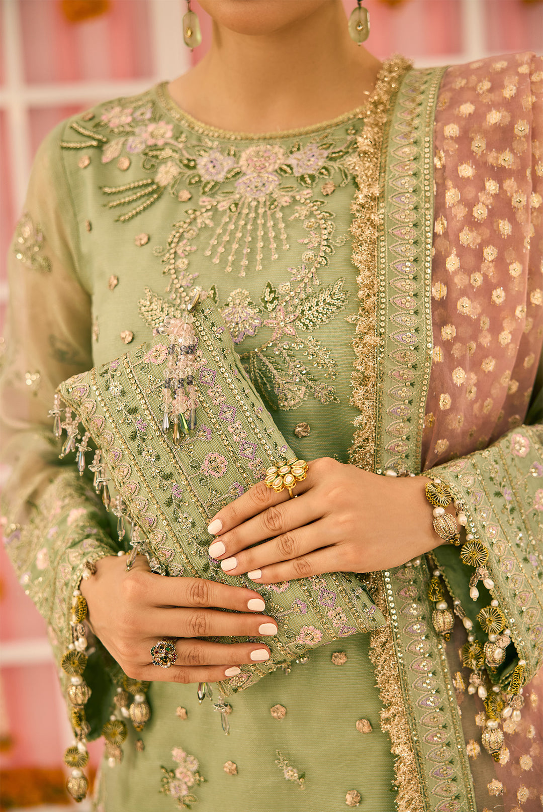 Alizeh AF-ZN-2217-Libaan Style — Mairaz Green & Pink Three-Piece Suit