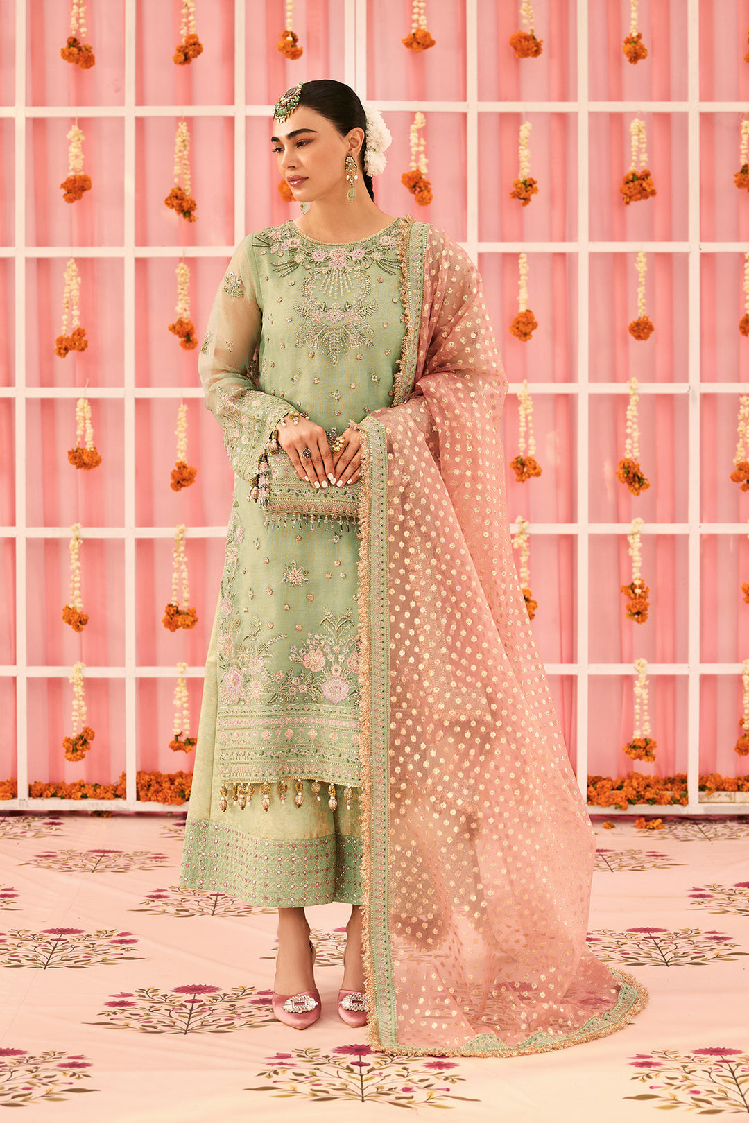 Alizeh AF-ZN-2217-Libaan Style — Mairaz Green & Pink Three-Piece Suit