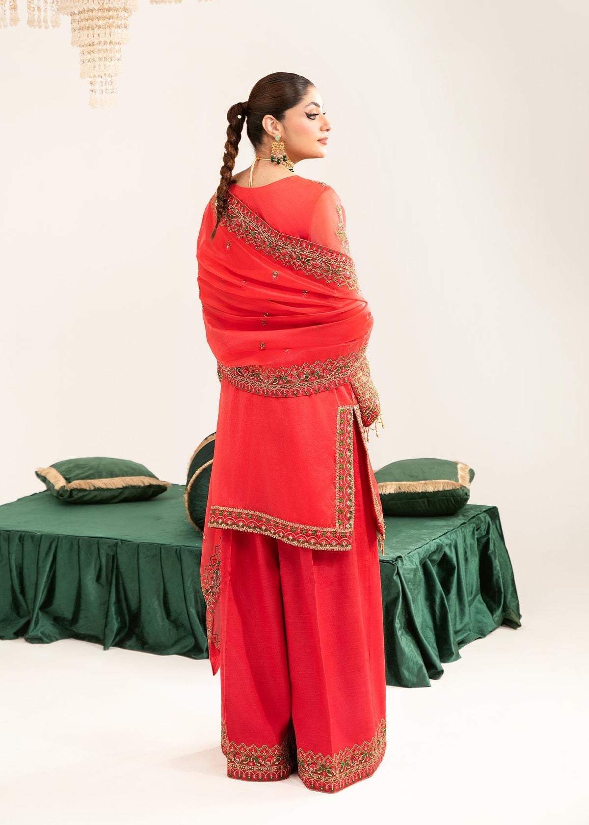 Khudeeja red shirt suit, reference outfit photograph 7 — Made by Mairaz reproduction