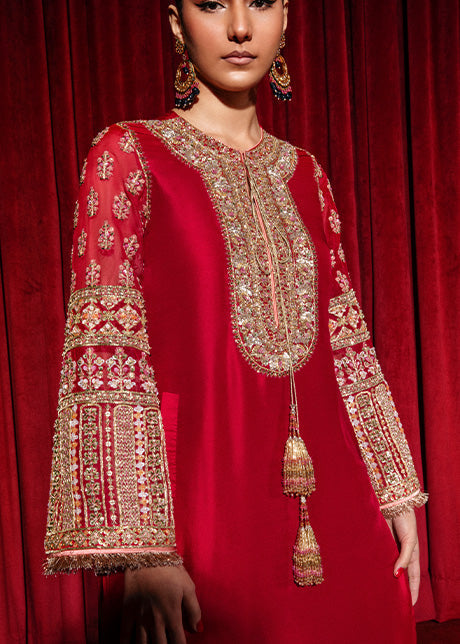 Hussain Rehar Aimer style — Mairaz red three-piece suit reference, view 4 of 5