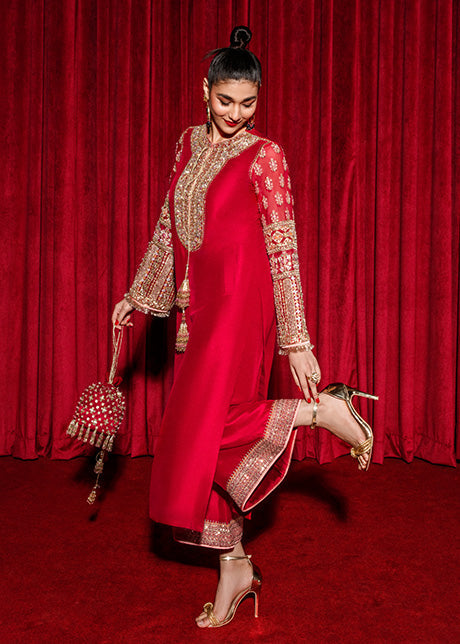 Hussain Rehar Aimer style — Mairaz red three-piece suit reference, view 5 of 5