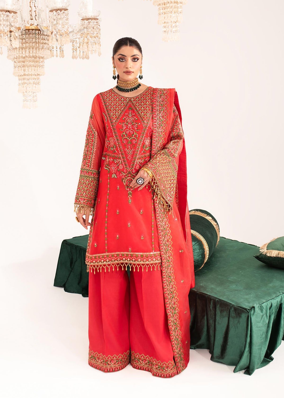 Khudeeja red shirt suit, reference outfit photograph 1 — Made by Mairaz reproduction
