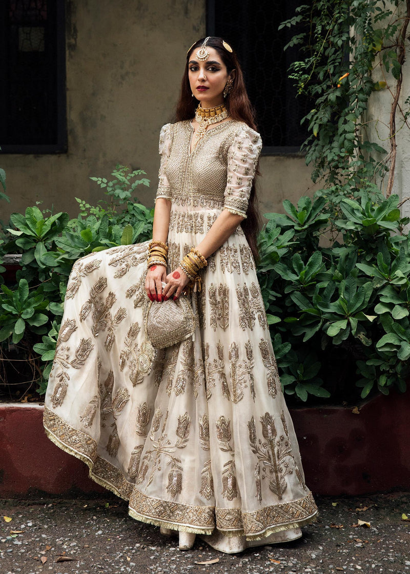 Hussain Rehar Saheda ivory embroidered anarkali front view with flared hem
