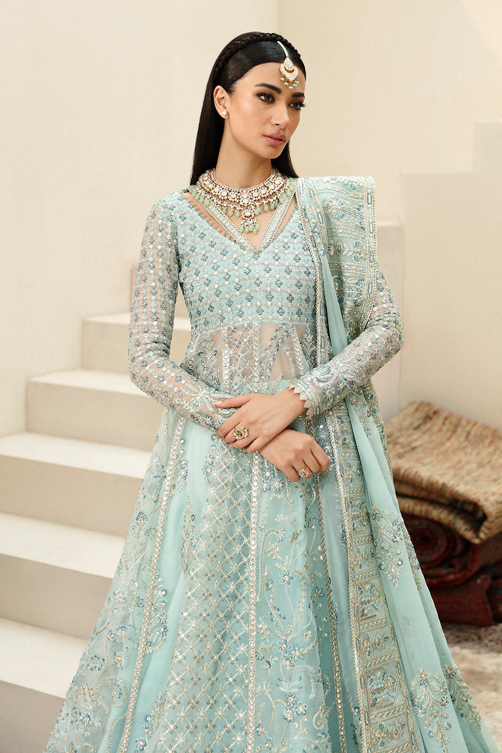 Afrozeh Tazmeen Style — Mairaz Ice Blue Three-Piece Suit