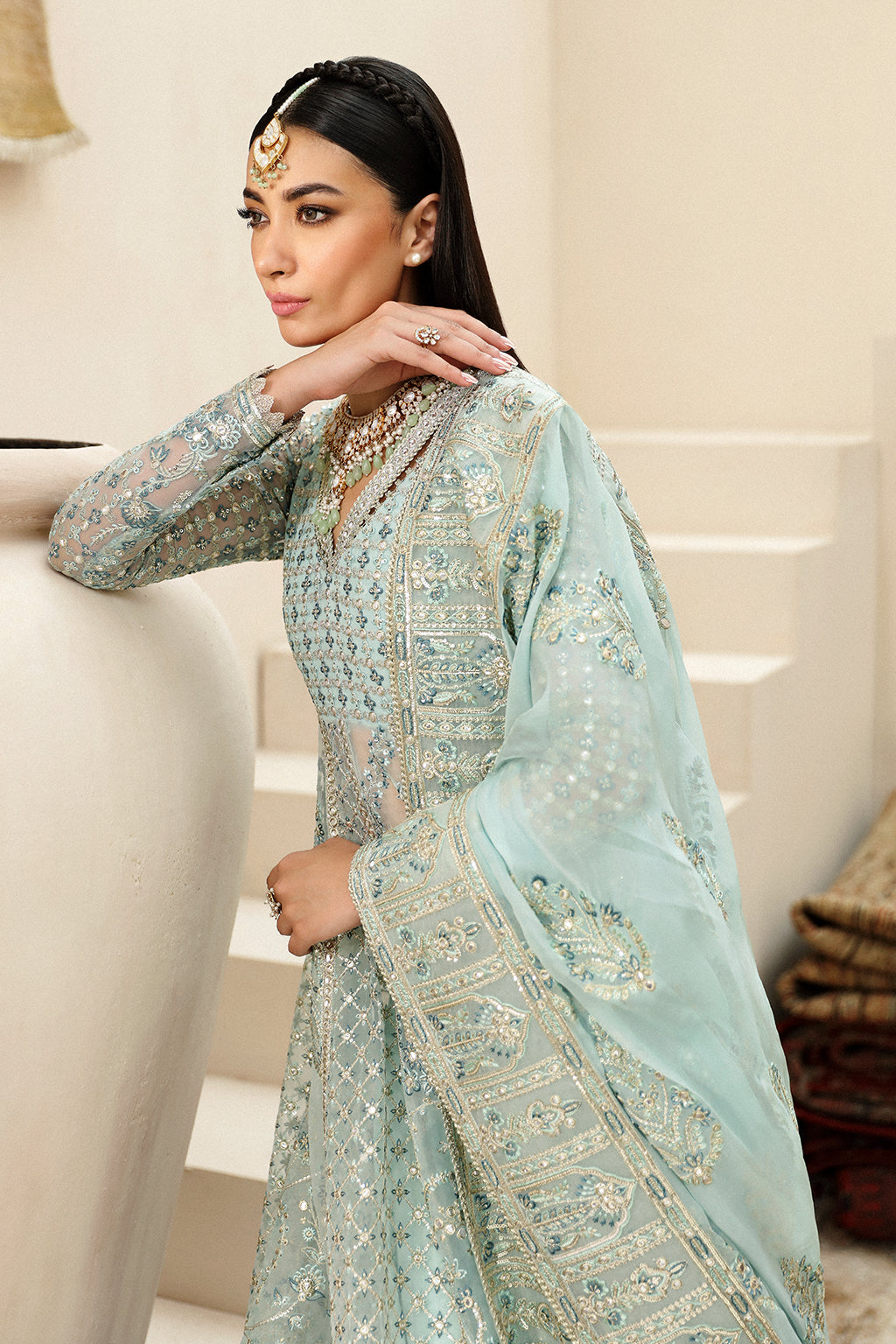 Afrozeh Tazmeen Style — Mairaz Ice Blue Three-Piece Suit