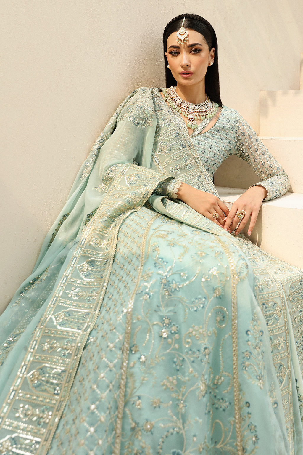 Afrozeh Tazmeen Style — Mairaz Ice Blue Three-Piece Suit