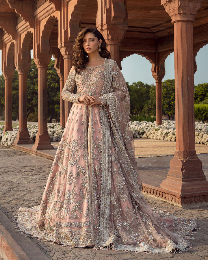 Faiza Saqlain Aysana blush pink embroidered bridal gown full look with train