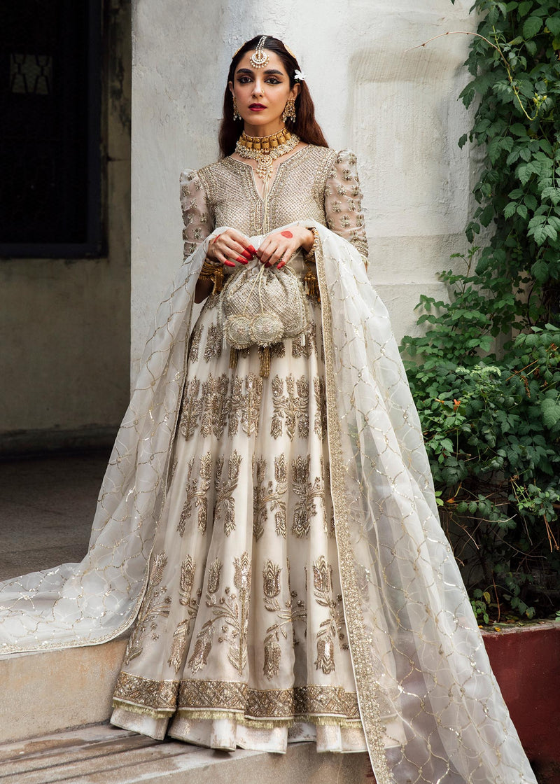 Hussain Rehar Saheda ivory and gold embroidered formal gown full look