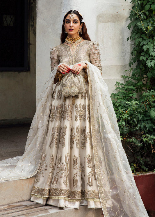 Hussain Rehar Saheda ivory and gold embroidered formal gown full look